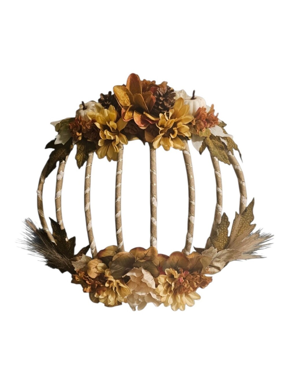 Handmade Fall Pumpkin Wire Frame Wreath Rustic Twine & Floral Decor